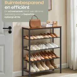 Kledingopbergers-O'DADDY Schoenenrek 5-Laags - Industrieel Design - Bruin Hout/Zwart Metaal