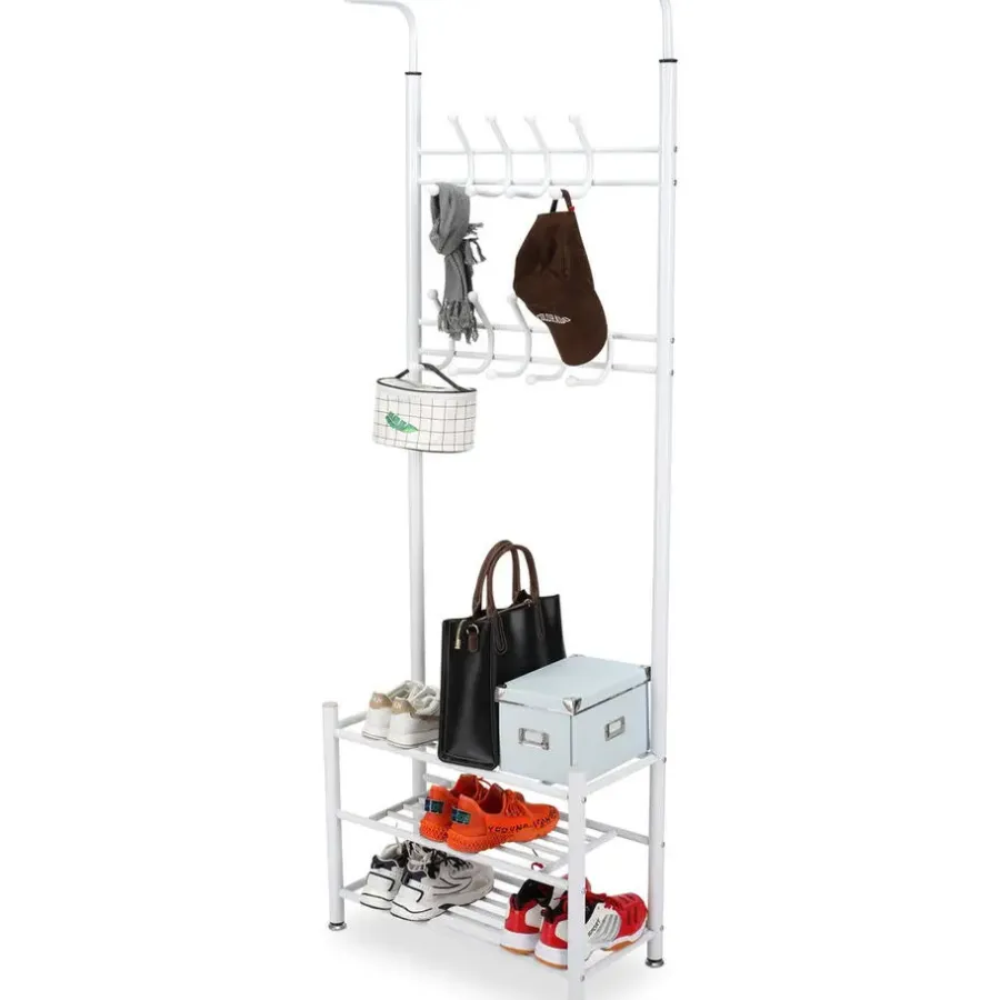 Kapstokken-O'DADDY Staande Kapstok met Schoenenrek - Wit- 66x30x190 cm