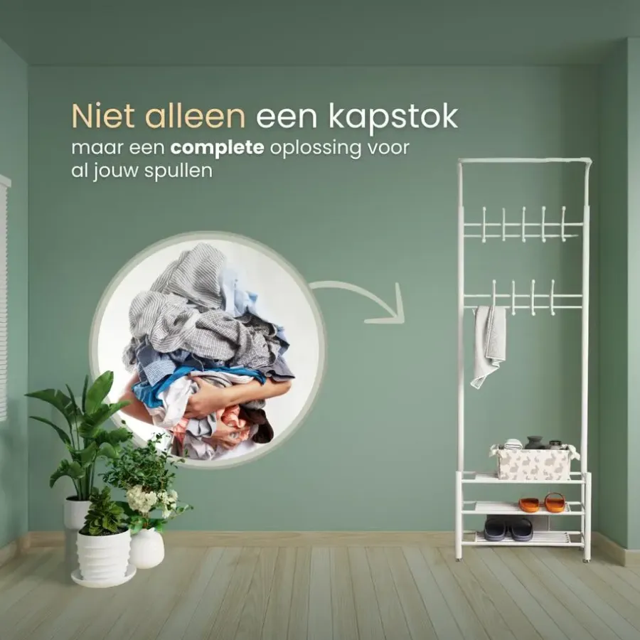 Kapstokken-O'DADDY Staande Kapstok met Schoenenrek - Wit- 66x30x190 cm