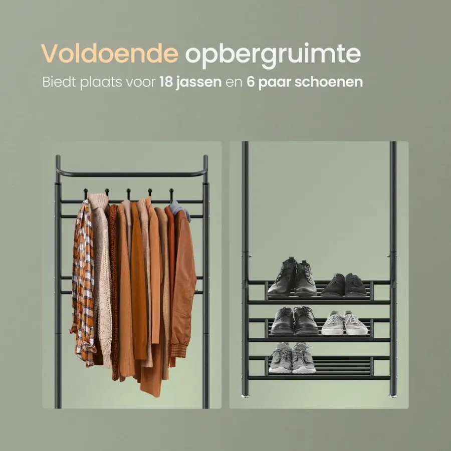 Kapstokken-O'DADDY Staande Kapstok met Schoenenrek - Zwart Metaal