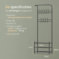 Kapstokken-O'DADDY Staande Kapstok met Schoenenrek - Zwart Metaal