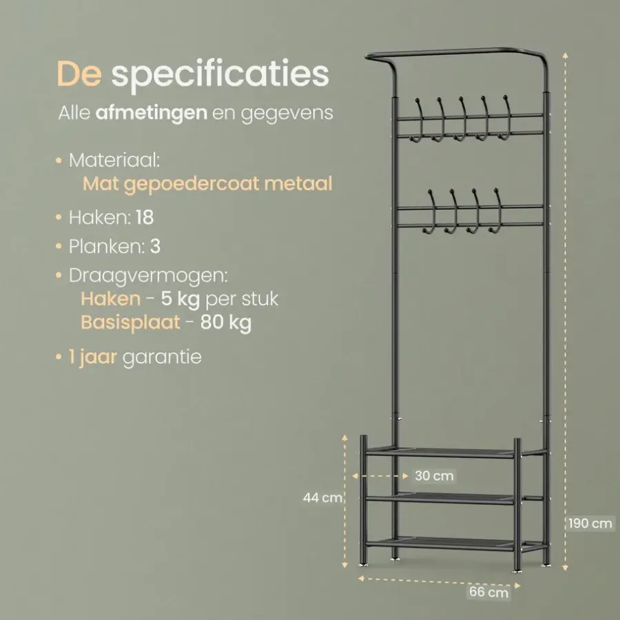 Kapstokken-O'DADDY Staande Kapstok met Schoenenrek - Zwart Metaal