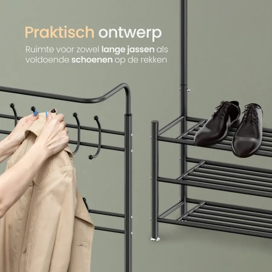 Kapstokken-O'DADDY Staande Kapstok met Schoenenrek - Zwart Metaal