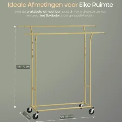 O'DADDY Verstelbaar Kledingrek op Wieltjes - Metaal - Goud - Tot 110 kg