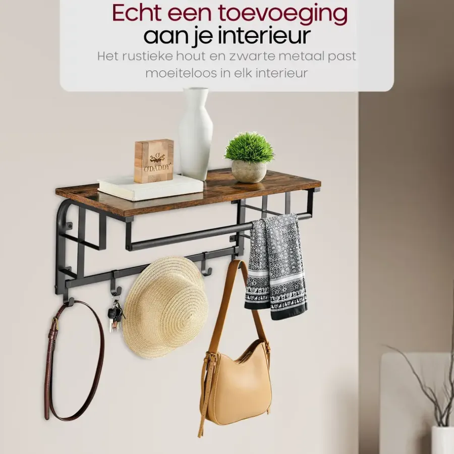Kapstokken-O'DADDY Wandkapstok met 5 Haken - 66x30x27 cm - Hangend - Bruin
