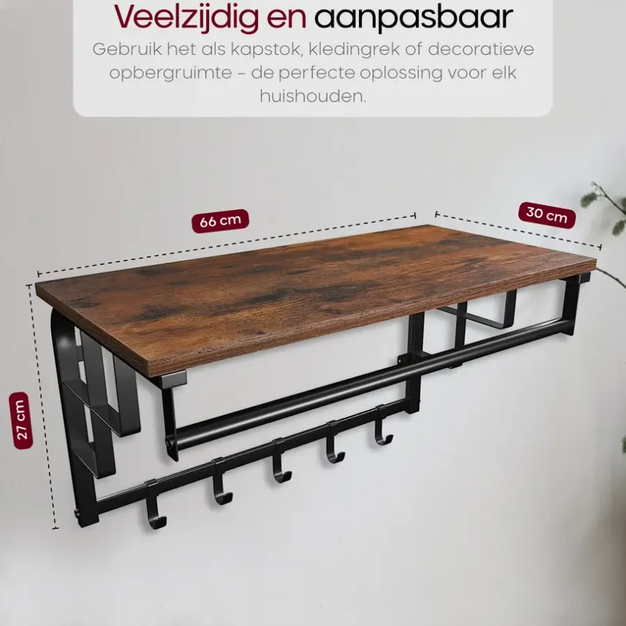 Kapstokken-O'DADDY Wandkapstok met 5 Haken - 66x30x27 cm - Hangend - Bruin
