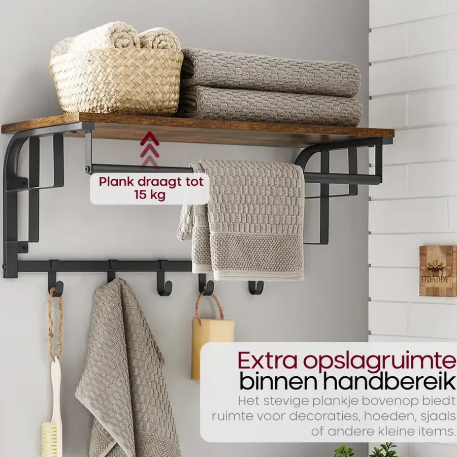 Kapstokken-O'DADDY Wandkapstok met 5 Haken - 66x30x27 cm - Hangend - Bruin