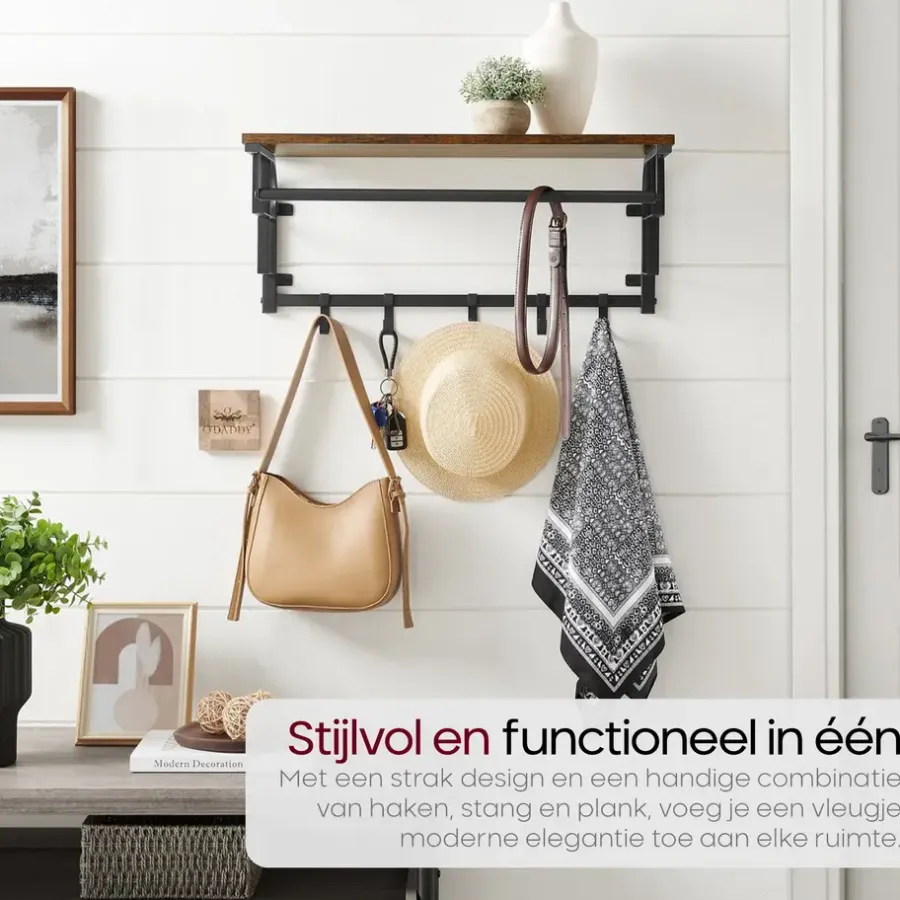 Kapstokken-O'DADDY Wandkapstok met 5 Haken - 66x30x27 cm - Hangend - Bruin