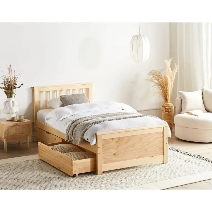 Beliani OLENDON - Bed met opbergruimte - Lichtbruin - 90 x 200 cm - Dennenhout