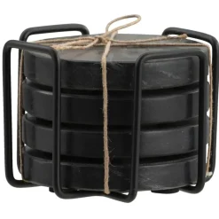 Leen Bakker Onderzetters zwart marmer - set van 4 - Ø11 cm - met houder