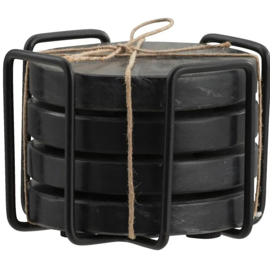 Leen Bakker Onderzetters zwart marmer - set van 4 - Ø11 cm - met houder