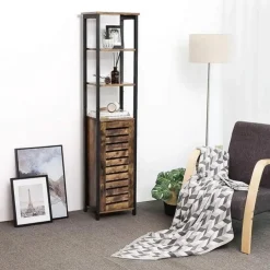 Wandkasten-Parya Home Opbergkast - Staande smalle kast - 3 Open Planken Rustiek Bruin