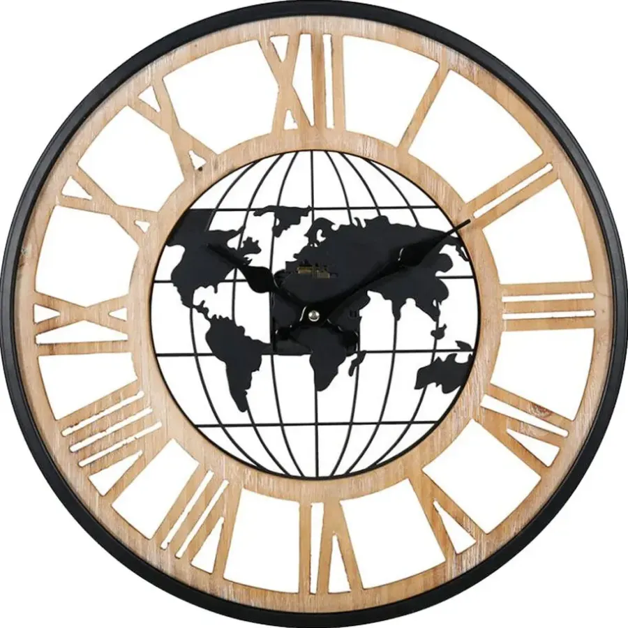 Merkloos Ostaria Wandklok/muur klok - Wereldbol - D40 cm - MDF - naturel