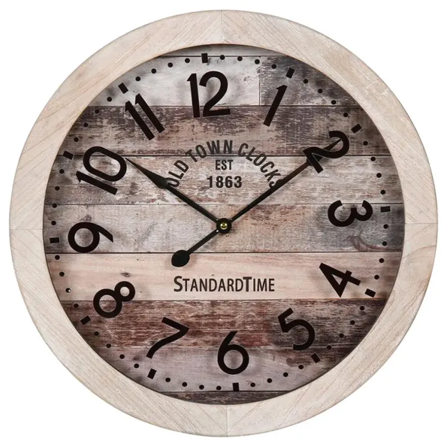Merkloos Ostaria Wandklok/muur klok - old town - D45 cm - hout - naturel