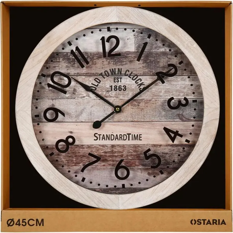 Merkloos Ostaria Wandklok/muur klok - old town - D45 cm - hout - naturel