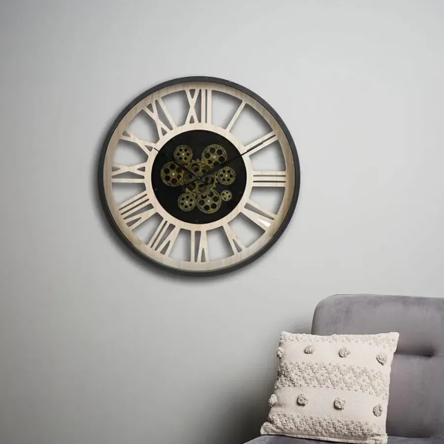 Merkloos Ostaria Wandklok/muur klok - open uurwerk - D40 cm - metaal/hout