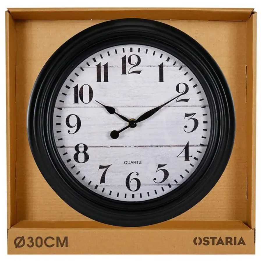Merkloos Ostaria Wandklok/muur klok - houtlook - D30cm - kunststof - zwart