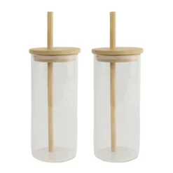 Waterglazen-OTIX Drinkglazen met Bamboo Deksel met Rietje 2 Stuks 400 ml Waterglazen