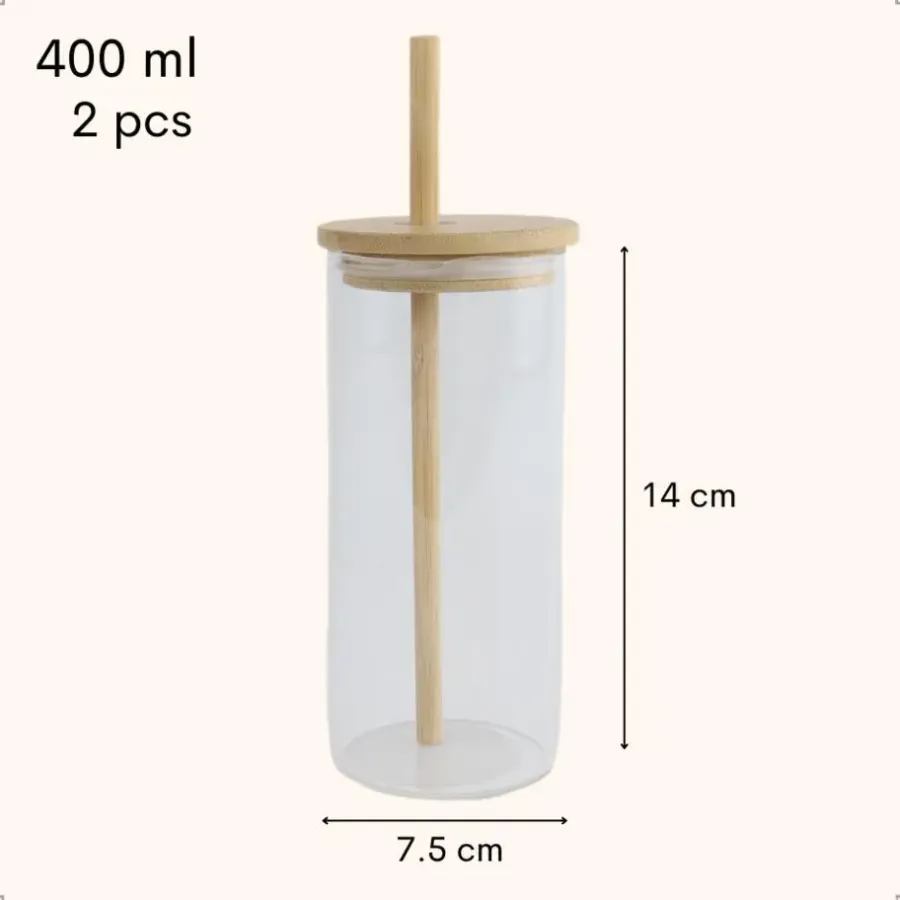Waterglazen-OTIX Drinkglazen met Bamboo Deksel met Rietje 2 Stuks 400 ml Waterglazen