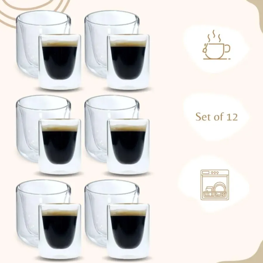 Kopjes, Mokken En Bekers-OTIX Dubbelwandige Glazen Koffietassen Koffie en Espresso 12 stuks