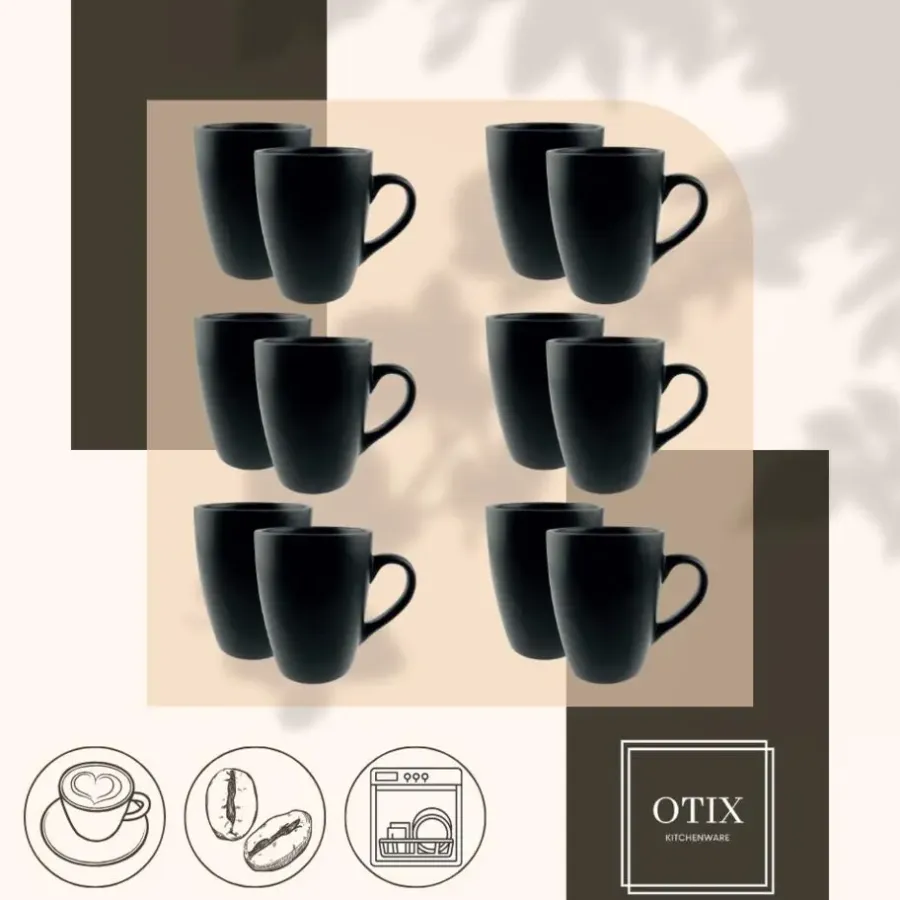 Kopjes, Mokken En Bekers-OTIX Koffiekopjes met Oor Koffietassen Set van 12 Mat Zwart 340ml