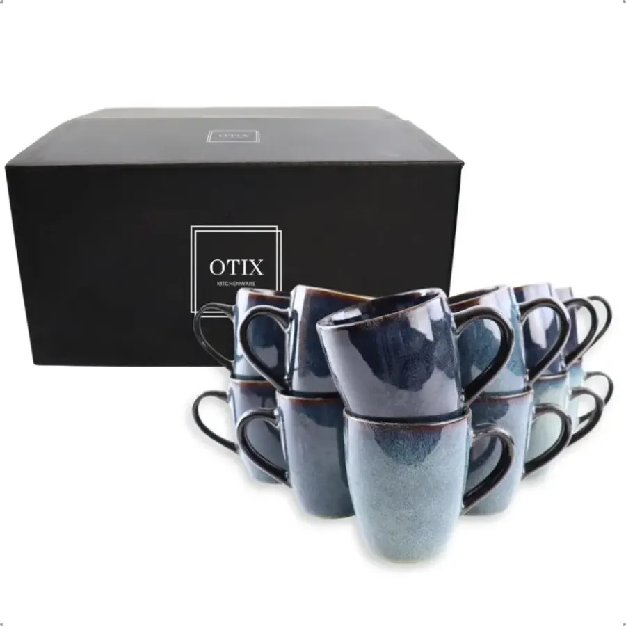 Koffieglazen-OTIX Koffiekopjes met Oor Set van 12 Koffietassen Theemok 350ml EBONY
