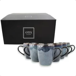 Koffieglazen-OTIX Koffiekopjes met Oor Set van 6 Koffietassen Theemok 350ml Aardewerk EBONY