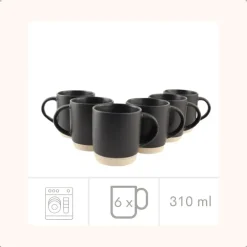OTIX Koffiekopjes Theemokken Koffietassen Set van 6 Zwart 310 ml Aardewerk