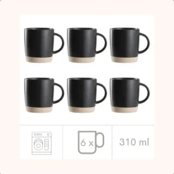 OTIX Koffiekopjes Theemokken Koffietassen Set van 6 Zwart 310 ml Aardewerk