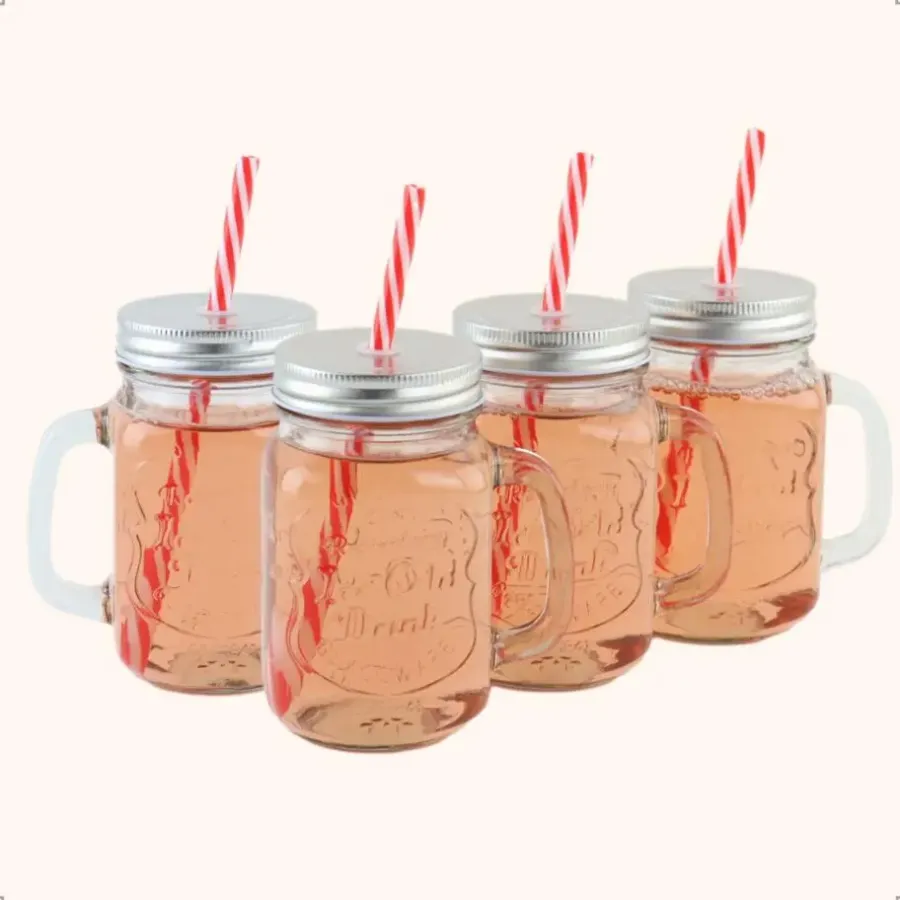 Kopjes, Mokken En Bekers-OTIX Mason jar Drinkbeker met Rietje Set van 4 Zilvere dop 450 ml