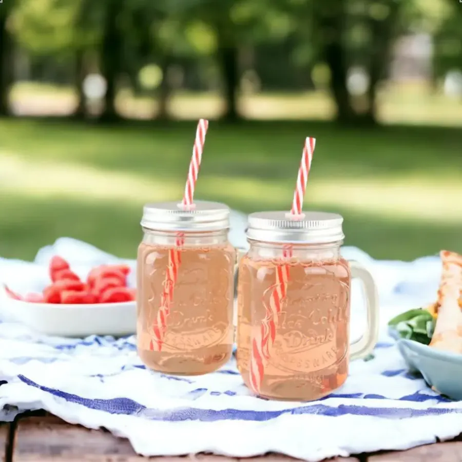 Kopjes, Mokken En Bekers-OTIX Mason jar Drinkbeker met Rietje Set van 4 Zilvere dop 450 ml