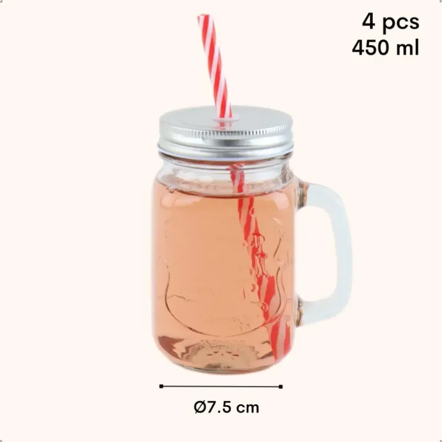 Kopjes, Mokken En Bekers-OTIX Mason jar Drinkbeker met Rietje Set van 4 Zilvere dop 450 ml