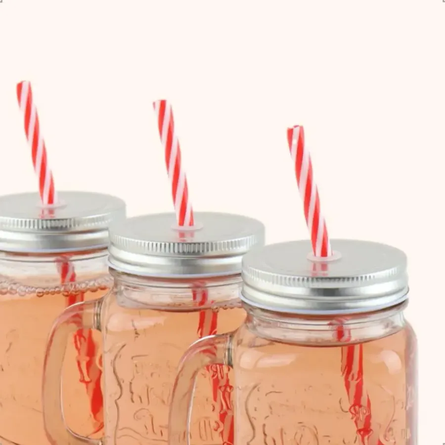 Kopjes, Mokken En Bekers-OTIX Mason jar Drinkbeker met Rietje Set van 4 Zilvere dop 450 ml