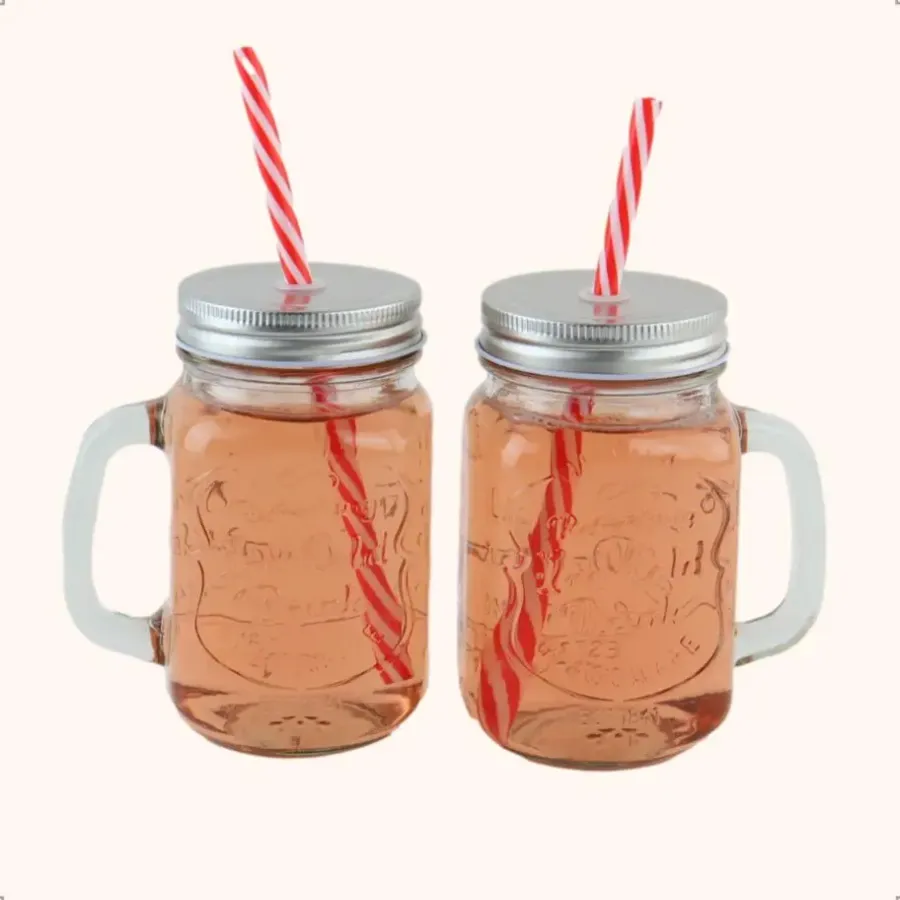 Kopjes, Mokken En Bekers-OTIX Mason jar Drinkbeker met Rietje Set van 4 Zilvere dop 450 ml