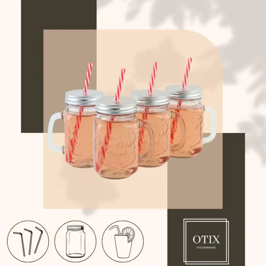 Kopjes, Mokken En Bekers-OTIX Mason jar Drinkbeker met Rietje Set van 4 Zilvere dop 450 ml