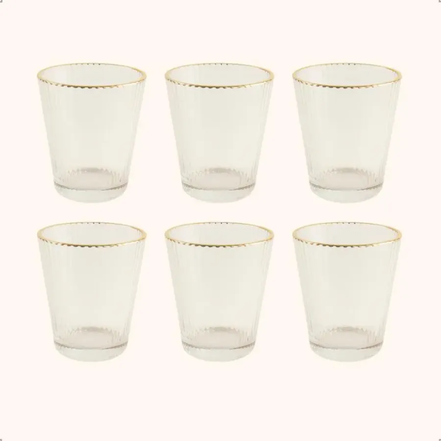 OTIX Waterglazen Set van 6 Stapelbaar 350 ml Met gouden rand Reliëf Ribbel