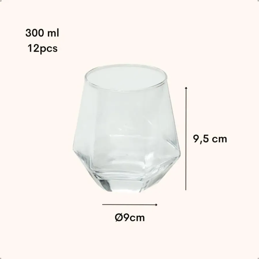 OTIX Waterglazen Set van 12 300ml Diamant vorm Transparant Glas