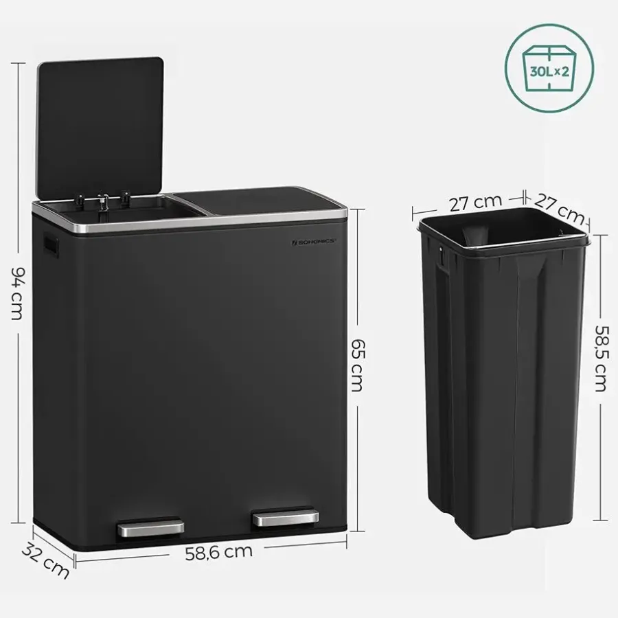 Parya Home - Zwarte Prullenbak - 2 x 30 Liter - Roestvrij Staal