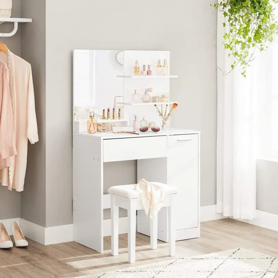 Kaptafels-Parya Home kaptafel met spiegel - 1 lade - 2 legplanken - wit