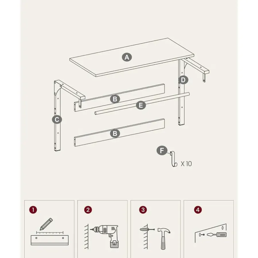 Parya Home Wandkapstok met Plank – wandplank met 10 haken