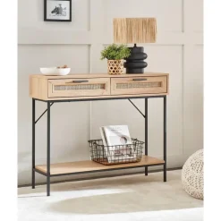 Sidetables-Beliani PASCO - Consoletafel - Lichte houtkleur - Rotan