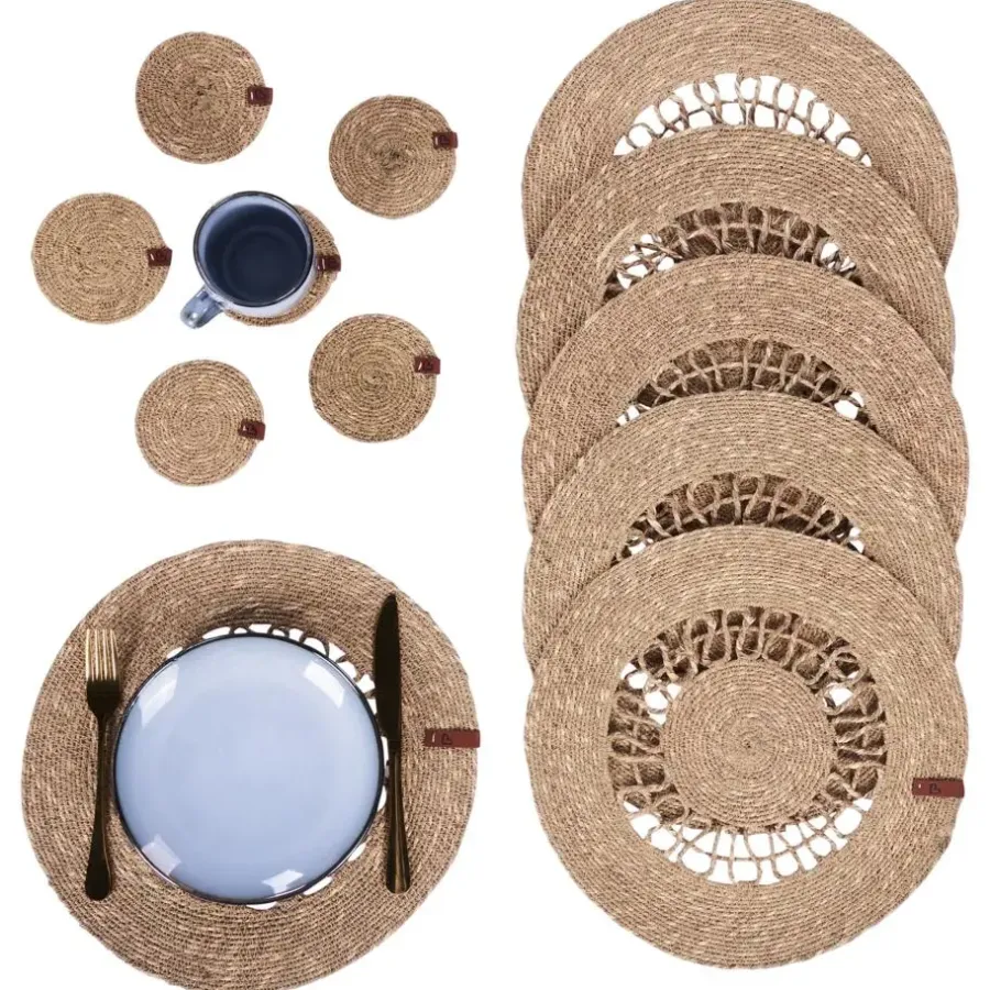 Placemats-Leen Bakker PEPPERBERRY - Set van 12 placemats en onderzetters - Natuurlijk - Jute