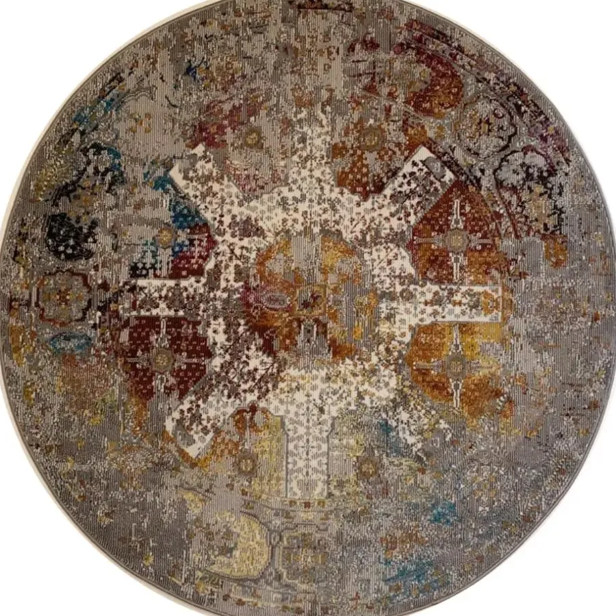 Laagpolige Vloerkleden|Ronde Vloerkleden-Muratap Picasso Feraghan Vintage Rond Vloerkleed Multi / Beige Laagpolig - 133 CM ROND