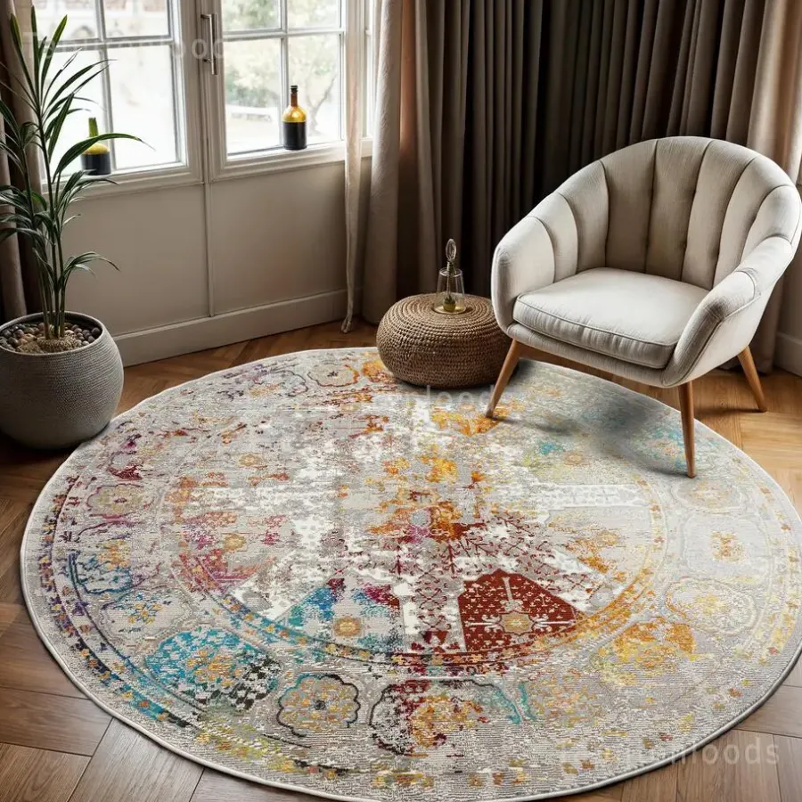 Laagpolige Vloerkleden|Ronde Vloerkleden-Muratap Picasso Feraghan Vintage Rond Vloerkleed Multi / Beige Laagpolig - 133 CM ROND