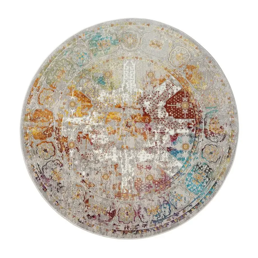 Laagpolige Vloerkleden|Ronde Vloerkleden-Muratap Picasso Feraghan Vintage Rond Vloerkleed Multi / Beige Laagpolig - 133 CM ROND