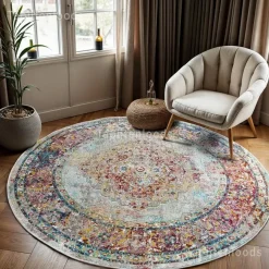 Ronde Vloerkleden-Muratap Picasso Keshan Vintage Rond Vloerkleed Multi / Beige Laagpolig - 160 CM ROND