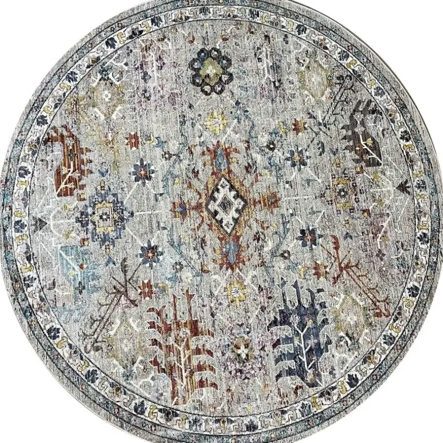 Laagpolige Vloerkleden|Ronde Vloerkleden-Muratap Picasso Sarough Rond Vloerkleed Vintage Woonkamer - Multi / Grijs - 200 CM ROND