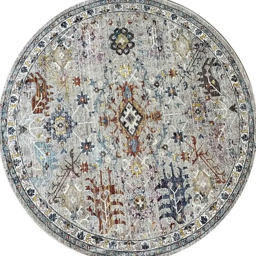 Laagpolige Vloerkleden|Ronde Vloerkleden-Muratap Picasso Sarough Rond Vloerkleed Vintage Woonkamer - Multi / Grijs - 200 CM ROND