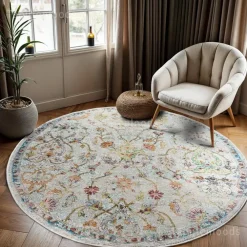 Muratap Picasso Sarough Vintage Rond Vloerkleed Creme / Beige Laagpolig - 160 CM ROND