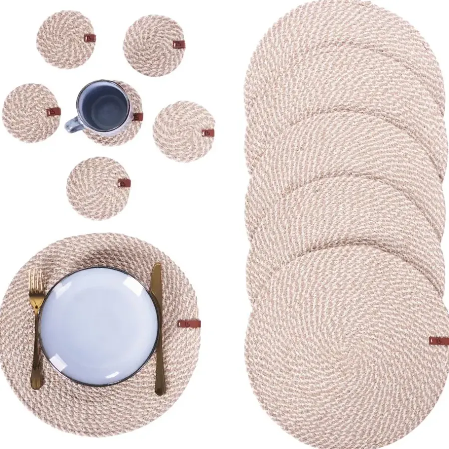 Placemats-Leen Bakker PIPTURUS - Set van 12 placemats en onderzetters - Natuurlijk - Jute